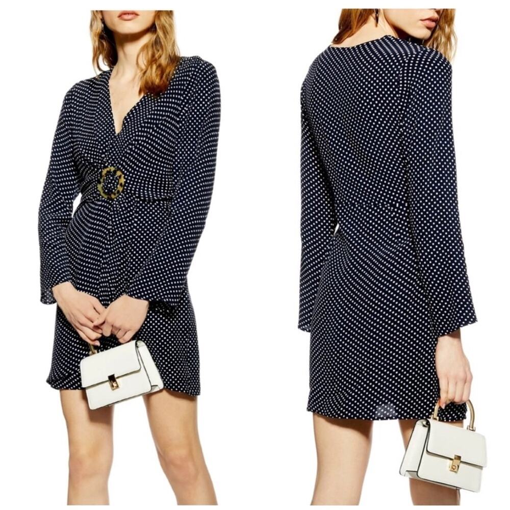 Topshop Navy Blue Polka Dot Mini Dress Size 8 Long Sleeve Wrap Ring Nautical